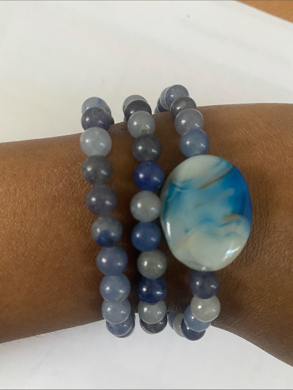 Blue Agate Stretch Bracelet Set with Marbled Blue Oval Bead